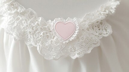 A close-up of a delicate white garment featuring lace trim and a pink heart-shaped embellishment.