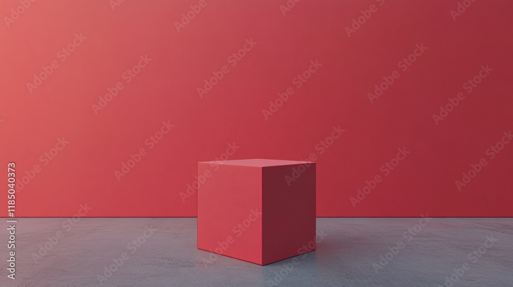 Aufkleber red cube standing on gray floor in front of red wall
