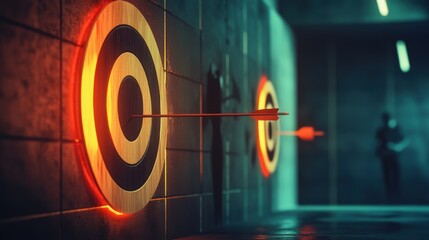 An arrow striking a illuminated target on a wall, symbolizing precision and focus in a modern archery range.