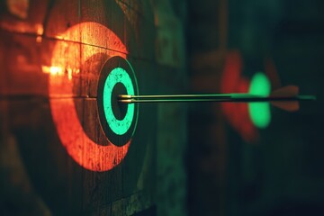 A close-up of an arrow embedded in a brightly lit target, showcasing a mix of colors and precision.