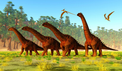 Alamosaurus Herd Walking - Alamosaurus was a Titanosaur sauropod herbivorous dinosaur that lived in North America during the Cretaceous Period. Pteranodon reptiles follow along with the herd. © Catmando
