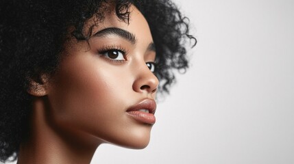 Fototapeta premium Beautiful young woman with afro hairstyle posing in studio, showing flawless skin