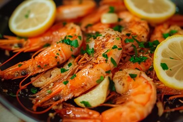 Succulent shrimp garnished with lemon and fresh herbs ready to delight seafood lovers