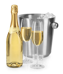 Champagne and bucket with ice isolated on white