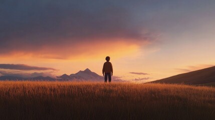 Fototapeta premium Silhouetted child stands in tall grass, watching sunset over mountains.
