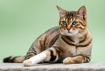 A pet cat with a bandaged paw. Ligation of the injury. Veterinary concept.