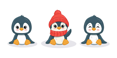 set of cute cartoon penguins isolated on white. Illustration in flat style for christmas card. Funny penguin in hat. Vector illustration.