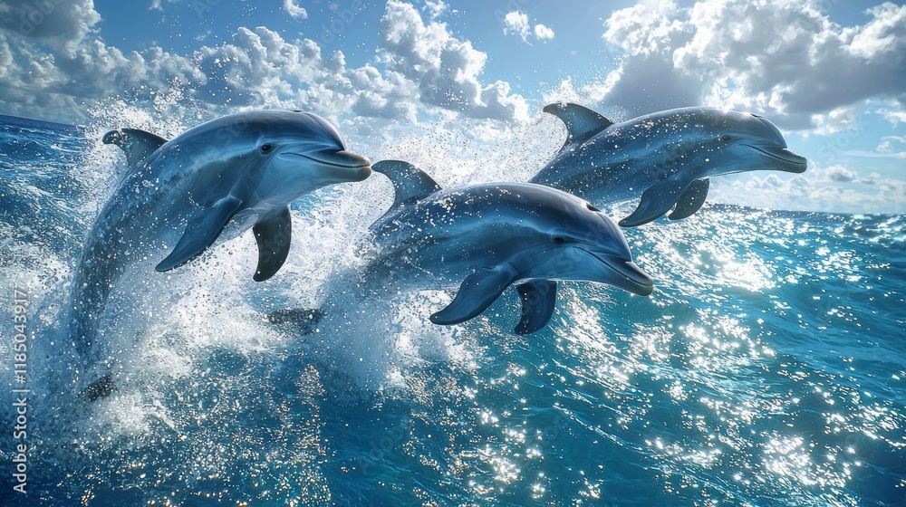 Poster in a vibrant display, a pod of dolphins leaps joyfully above the shimmering ocean surface, capturing
