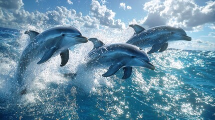 Fototapeta premium In a vibrant display, a pod of dolphins leaps joyfully above the shimmering ocean surface, capturing the magic of a sunny day filled with adventure and life