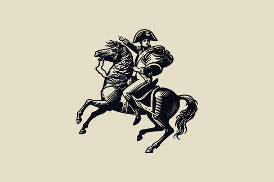Vintage black engraving of Napoleon on a horse, beige background