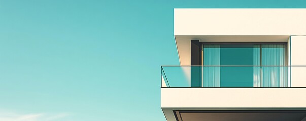 Modern architecture showing glass balcony and teal sky