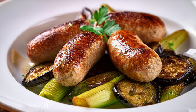 Grilled German sausages with eggplant and parsley on a plate. close up.	