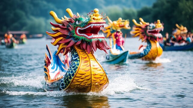 Colorful dragon boats racing on a serene lake surrounded by lush greenery in the early morning light