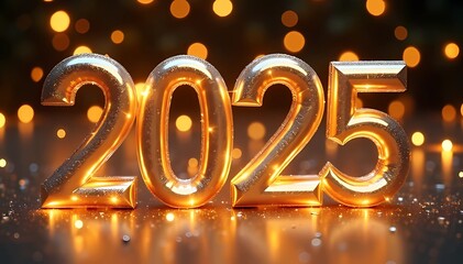 Golden of 2025 number with gold bokeh background 