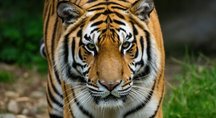 Fototapeta premium Majestic tiger walking through lush greenery in its natural habitat