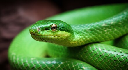 Fototapeta premium Close-up of a vibrant green snake resting on a branch