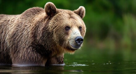 Obraz premium Majestic brown bear standing in calm water, showcasing its natural beauty