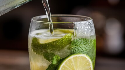 Fototapeta premium A refreshing mojito with fresh mint, lime slices, and sparkling water being poured into a glass.