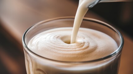 Close-up of creamy milk being poured into a glass, creating a swirl pattern on the surface, evoking freshness and indulgence.