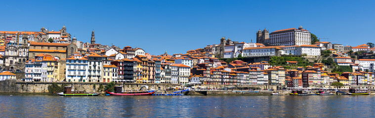 Fototapeta premium Super Panoramic view of UNESCO world heritage site Porto city in Portugal during sunny day with blue sky.