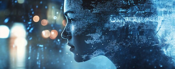 Woman emerging from futuristic data stream in rainy city