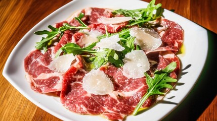 A Close up of a Plate of Meat and Greens on a Table - Generative AI