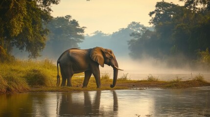 Majestic elephant walking along river in misty rainforest at sunrise