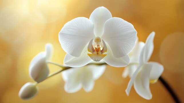 White orchid bloom, close-up, sunlit background, floral design