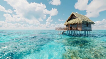 A serene overwater bungalow on stilts, surrounded by crystal-clear turquoise waters and fluffy clouds in a vibrant blue sky.