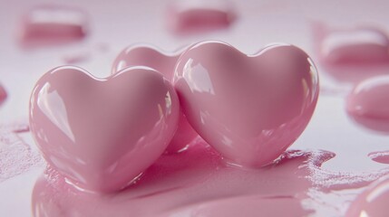 Obraz premium Three shiny pink hearts resting on a smooth surface, surrounded by droplets of pink liquid.