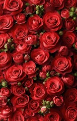Obraz premium A stunning display of red roses fills the frame with a romantic pattern, creating depth against a dark backdrop, ideal for Valentine's Day.