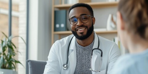 A smiling doctor engages in a friendly consultation with a patient. This image captures the warmth and professionalism in healthcare settings. It reflects trust and communication. AI.