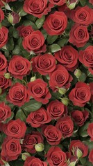 Obraz premium A stunning display of red roses fills the frame with a romantic pattern, creating depth against a dark backdrop, ideal for Valentine's Day