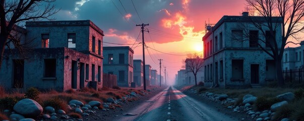 Naklejka premium Silent street, skeletal remains of buildings, ashen landscape, burned, smoke damage