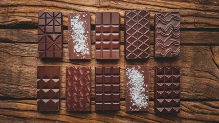 An assortment of artisanal dark chocolate bars displayed on a rustic wooden surface, showcasing various textures and patterns.