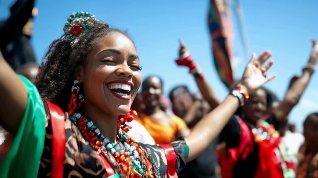 Juneteentn ​​parade float, performers in traditional African attire, with a cheering crowd at the background