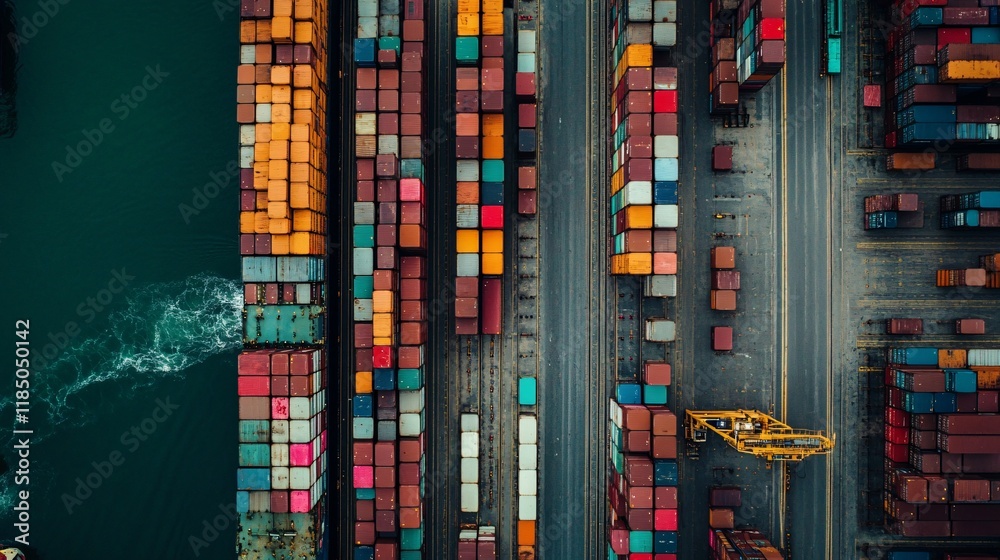 Poster Cargo ship docking and unloading colorful containers at a busy port