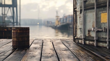 Obraz premium Rusty can and shipping container on a wharf at a port with cranes and ships