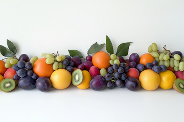 A vibrant arrangement of fresh fruits including plums, oranges, grapes, and kiwis, displayed in a colorful and inviting layout