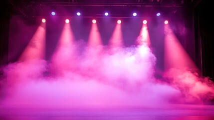 stage lights, colorful fog, vibrant pink and purple hues, dramatic lighting, concert atmosphere, misty effect, ethereal glow, smoke machine, theatrical backdrop, dynamic illumination, vivid colors, at