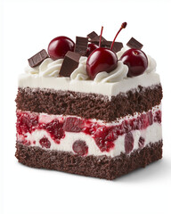 A decadent slice of Black Forest cake layered with creamy whipped cream, rich chocolate sponge, and tangy cherry filling, topped with cherries and chocolate curls