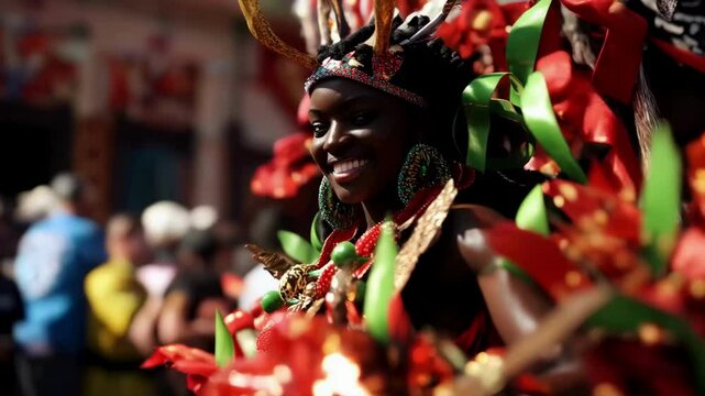 Juneteentn ​​parade float, performers in traditional African attire, with a cheering crowd at the background