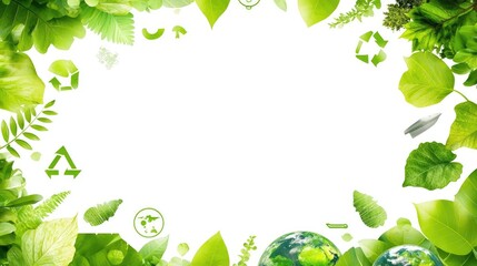 A vibrant border of green leaves and eco-friendly symbols framing a blank space, promoting environmental awareness and sustainability.