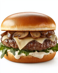 An indulgent gourmet truffle burger topped with premium saut&eacute;ed mushrooms, melted cheese, and crisp greens, served on a golden bun for a rich culinary delight