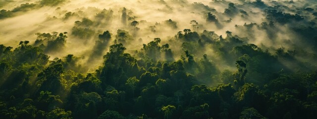 An aerial photograph of the Amazon Rainforest canopy at dawn, Rainforest scene, Ethereal style