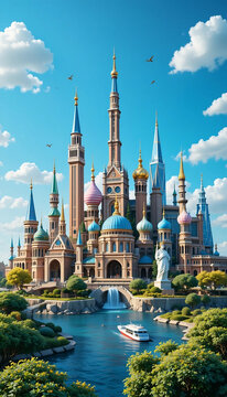 Surprising Travel: Iconic World Landmarks Against Blue Sky, 3D Rendered Artwork