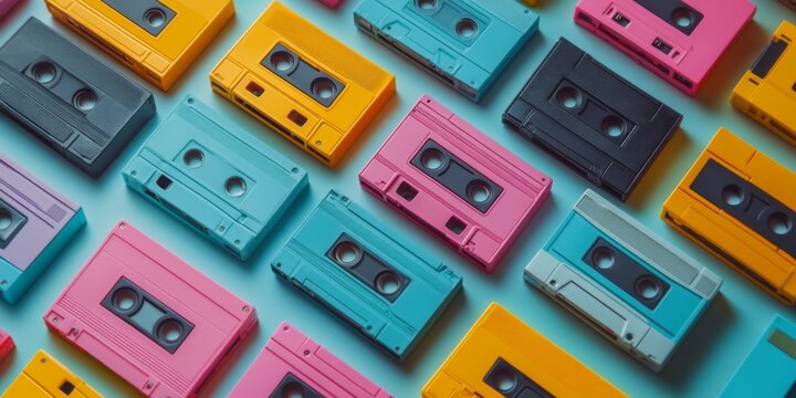 A vibrant collection of colorful cassette tapes arranged in an artistic layout. This image evokes nostalgia and creativity. Perfect for music and retro themes. AI