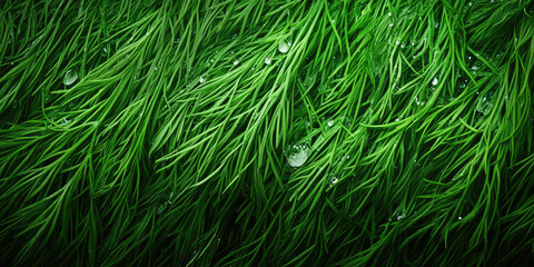 Fresh green dill background texture. Dill texture backdrop, water droplets