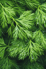 Fototapeta premium Fresh green dill background texture. Dill texture backdrop, water droplets