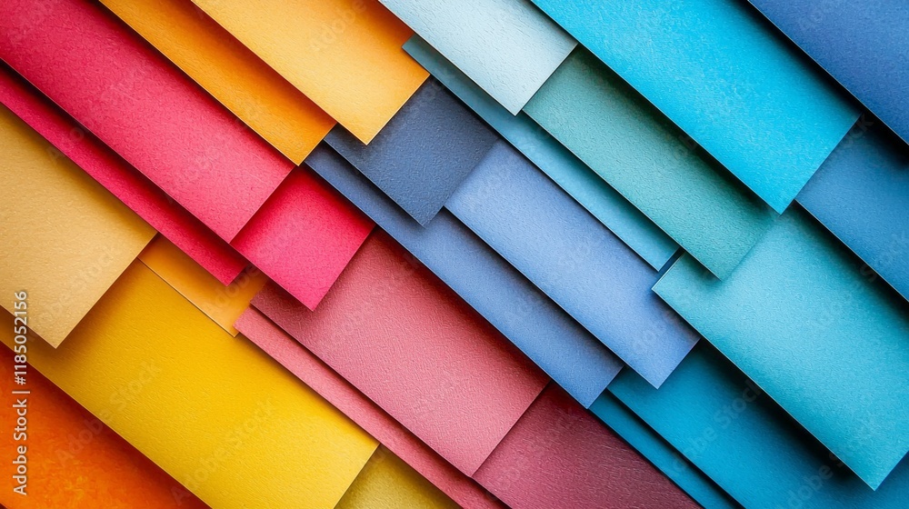 Aufkleber A multitude of paper sheets in an array of vibrant colors overlap and blend, showcasing vivid yellows, reds, blues, and soft pastels, inviting artistic inspiration and creativity